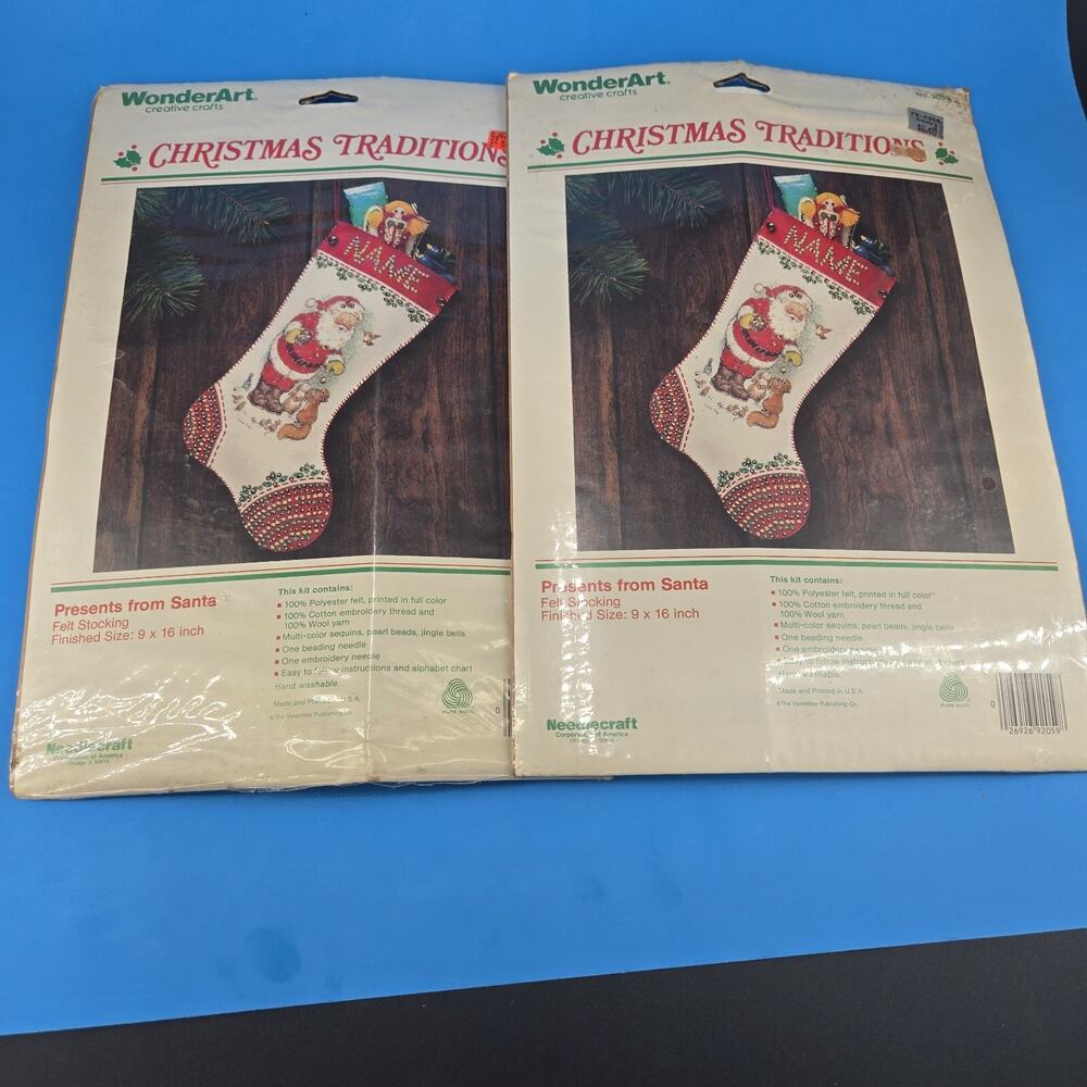 2 WonderArt Christmas Santa Felt Stocking Kits Presents From Santa